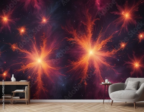 a living room with a large, vibrant mural depicting a cosmic scene with swirling nebulae and stars on the wall