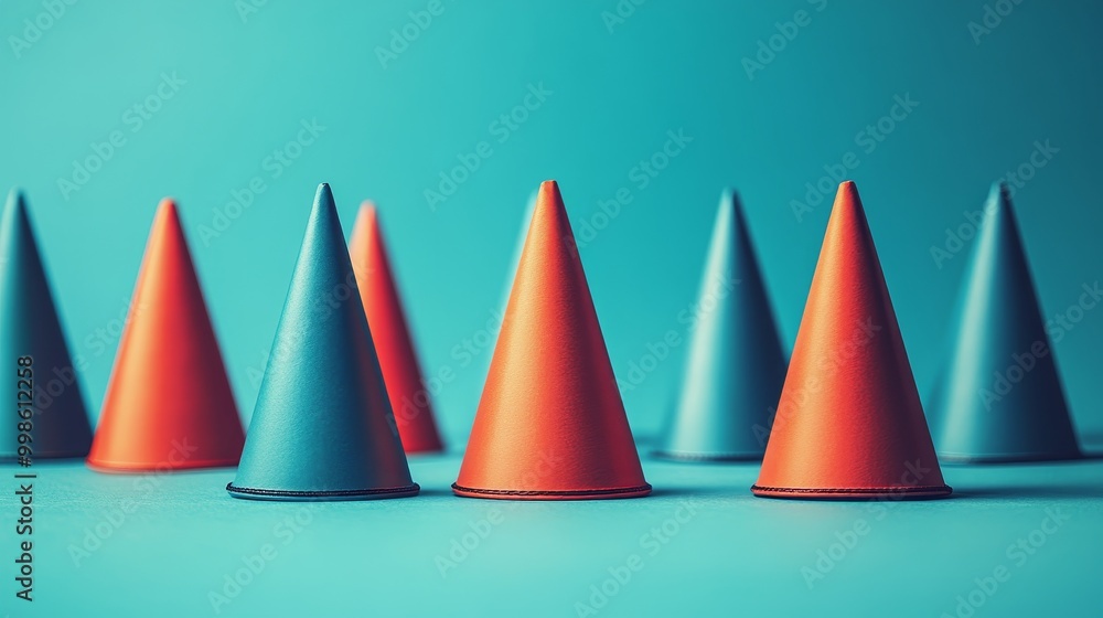 A row of paper cones in various colors, including blue and red A row of paper cones in various colors, including blue and red
