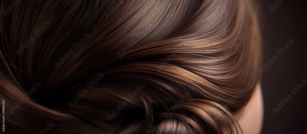 Close-up of shiny, brown hair with subtle highlights, styled in a loose updo, against a dark background. Close-up of shiny, brown hair with subtle highlights, styled in a loose updo, against a dark background.