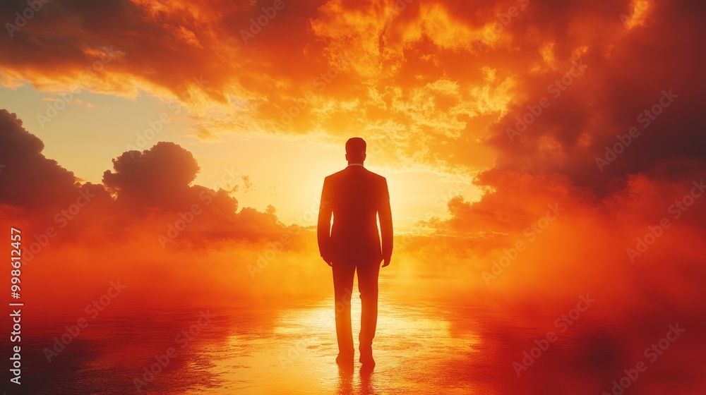 A man is walking on a beach at sunset A man is walking on a beach at sunset