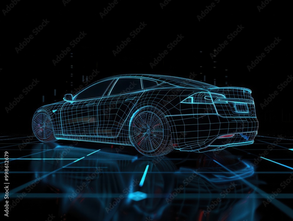Naklejka premium electric vehicle wireframe sleek black car with holographic blue grid overlay futuristic design hightech aesthetic dark background with glowing elements