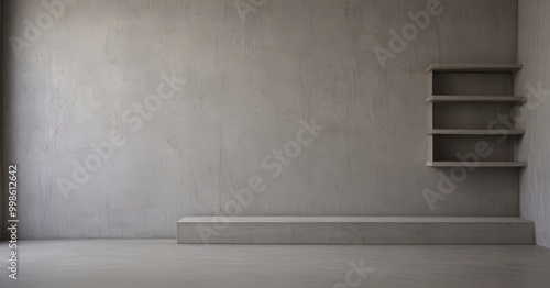 A minimalist room with a concrete wall, a long concrete bench, and three empty shelves on the right side