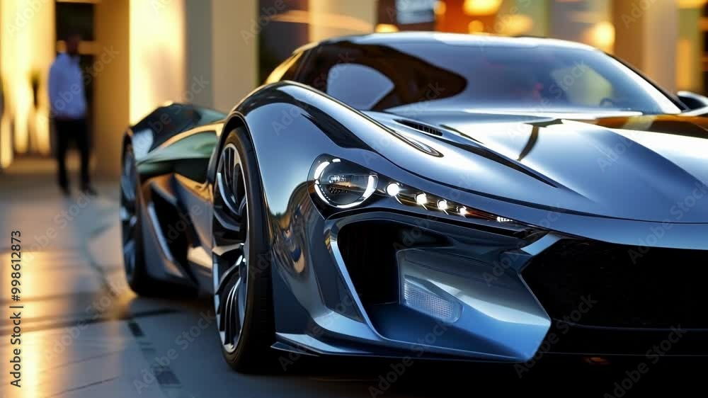 Sleek silver sports car with glowing headlights parked on a city street. This luxurious vehicle embodies speed and innovative automotive design Sleek silver sports car with glowing headlights parked on a city street. This luxurious vehicle embodies speed and innovative automotive design