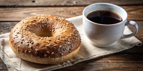 Fresh bagel paired with a steaming cup of black coffee.