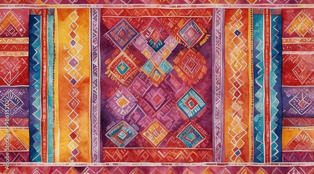 Watercolor Peruvian textiles background featuring vibrant geometric patterns and rich color Watercolor Peruvian textiles background featuring vibrant geometric patterns and rich color