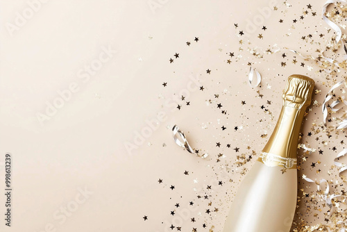 Celebration Background with Golden Champagne Bottle, Confetti Stars, and Party Streamers – Christmas, Birthday, or Wedding Concept