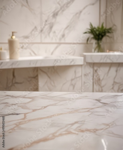 A marble countertop with a vase of greenery in the background, set against a marble wall with a soap dispenser