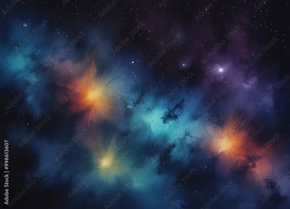 Naklejka premium a vibrant cosmic scene, featuring a star-studded night sky with a multitude of colorful nebulae scattered across the frame The nebulae exhibit a range of hues, including