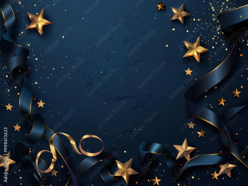 elegant arrangement of golden stars and ribbons on deep navy background luxurious christmas and new year composition with copy space festive and sophisticated holiday design elegant arrangement of golden stars and ribbons on deep navy background luxurious christmas and new year composition with copy space festive and sophisticated holiday design