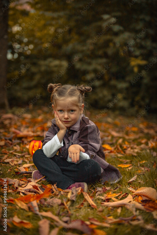 little girl smiles in a Halloween in Park in autumn little girl smiles in a Halloween in Park in autumn