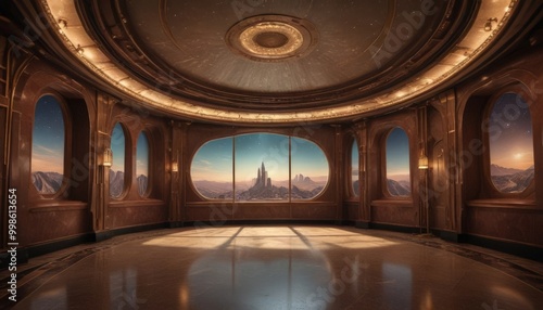 a grand, circular room with a high, domed ceiling and a large circular window offering a panoramic view distant cityscape