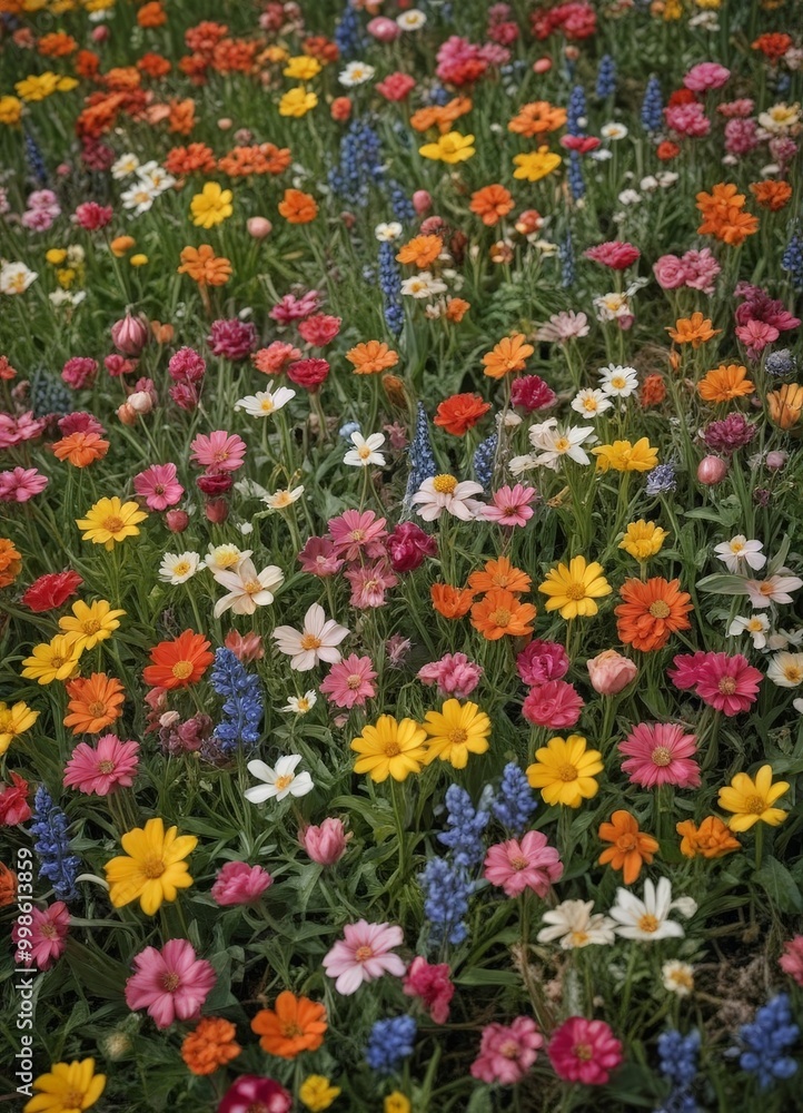 A vibrant field of flowers in various colors, including red, orange, yellow, white, and blue, with some purple and blue flowers interspersed A vibrant field of flowers in various colors, including red, orange, yellow, white, and blue, with some purple and blue flowers interspersed