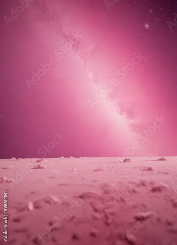 A pinkish-purple sky with a faint Milky Way galaxy in the background, and a sandy beach in the foreground