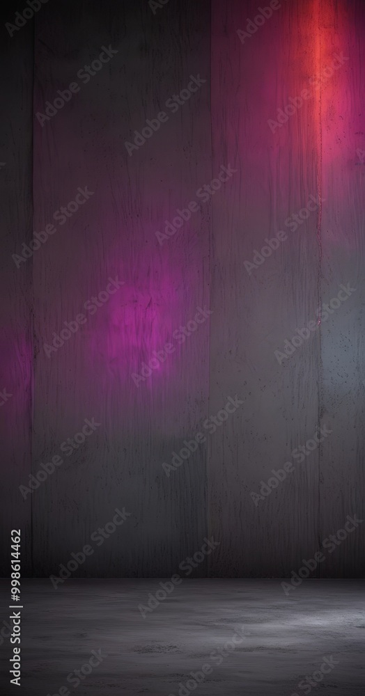 a dark, empty room with a concrete wall on the left and a wall on the right, both illuminated by a vibrant purple and red light a dark, empty room with a concrete wall on the left and a wall on the right, both illuminated by a vibrant purple and red light