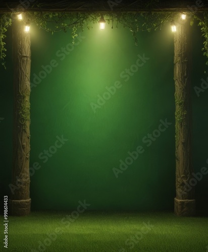 A dark green background with a pair of stone columns on either side, each adorned with vines and leaves, and a row of hanging lights above