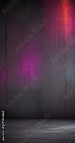 a dark, empty room with a concrete wall on the left and a wall on the right, both illuminated by a vibrant purple and red light