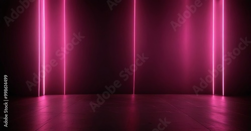 a dark room with a floor and a wall, illuminated by three vertical pink lights that are arranged in a staggered pattern