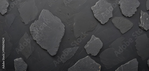 a collection of dark gray, irregularly shaped rocks or stones arranged on a black background