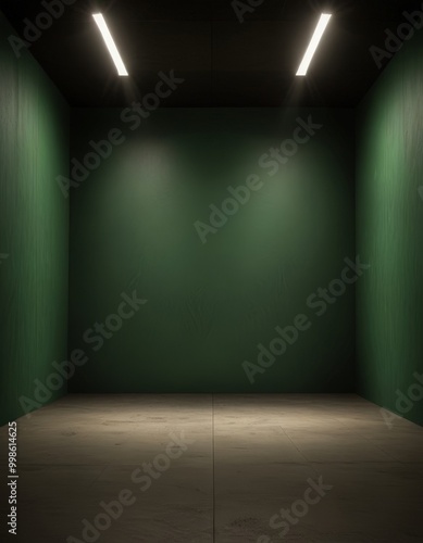 An empty room with green walls and a concrete floor, illuminated by two rectangular lights on the ceiling