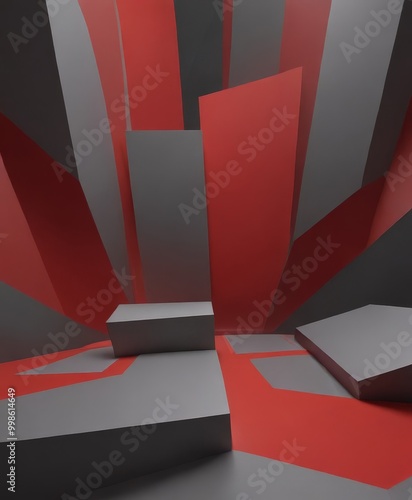 a geometric room with a red and gray color scheme The room features a central gray platform surrounded by a series of red and gray geometric