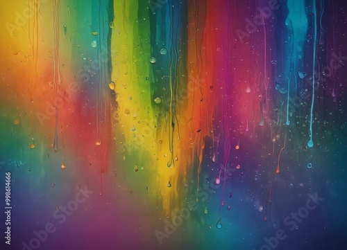 a vibrant, abstract scene with a rainbow-like gradient of colors, including red, orange, yellow, green, blue, and purple, with water droplets scattered throughout