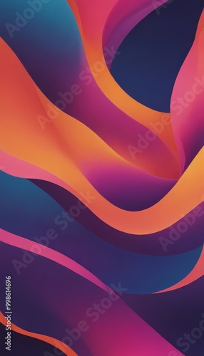 a vibrant abstract composition of overlapping curved lines in various shades of blue, orange, and pink, creating a dynamic and visually striking pattern