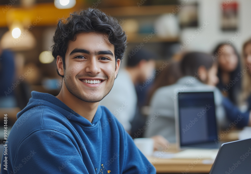 Fototapeta premium Student smiling in a cafe, studying with laptop, friendly atmosphere in background, education concept