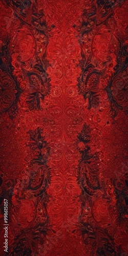 a striking red and black pattern with intricate designs and floral motifs, creating a visually captivating and symmetrical composition