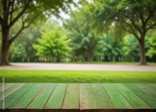 A wooden table sits in the foreground, with a lush, verdant park in the background, featuring a variety of trees and grass