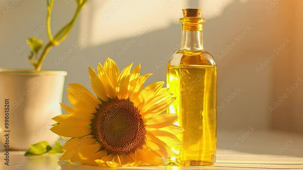 Sunflower seed oil in bottle with sunflower Sunflower seed oil in bottle with sunflower