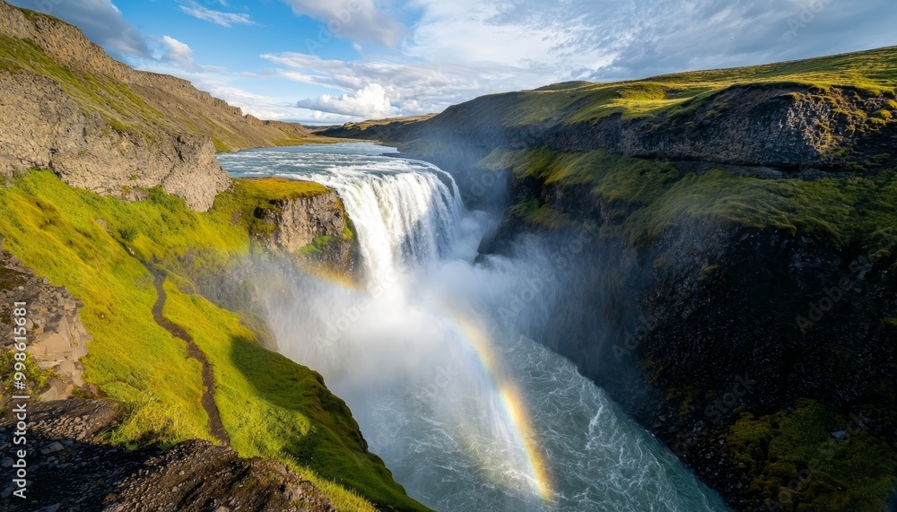 A high waterfall crashing into a river below, with rainbows forming in the mist A high waterfall crashing into a river below, with rainbows forming in the mist