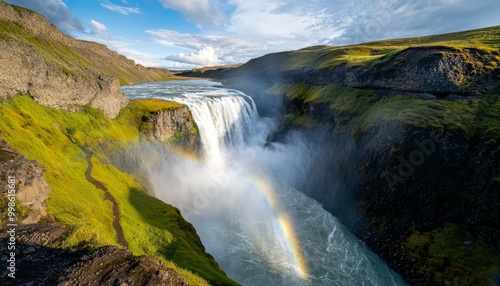 A high waterfall crashing into a river below, with rainbows forming in the mist