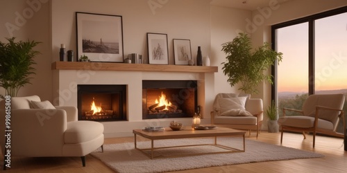 A modern living room with a fireplace, wooden coffee table, and large windows overlooking a scenic landscape at sunset