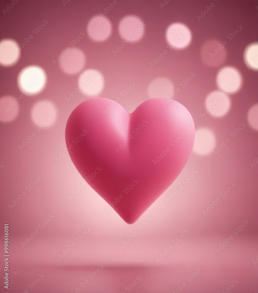 A pink heart-shaped object floats against a pink background with white bokeh lights A pink heart-shaped object floats against a pink background with white bokeh lights