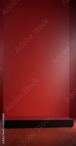 A red wall with a black platform in the foreground