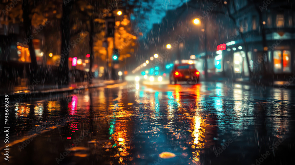 Fototapeta premium Rainy City Streets at Night with Neon Lights Reflection