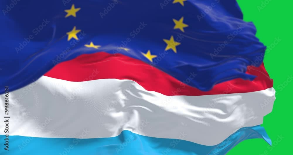 Close-up of Luxembourg and the EU flags waving isolated on green background Close-up of Luxembourg and the EU flags waving isolated on green background