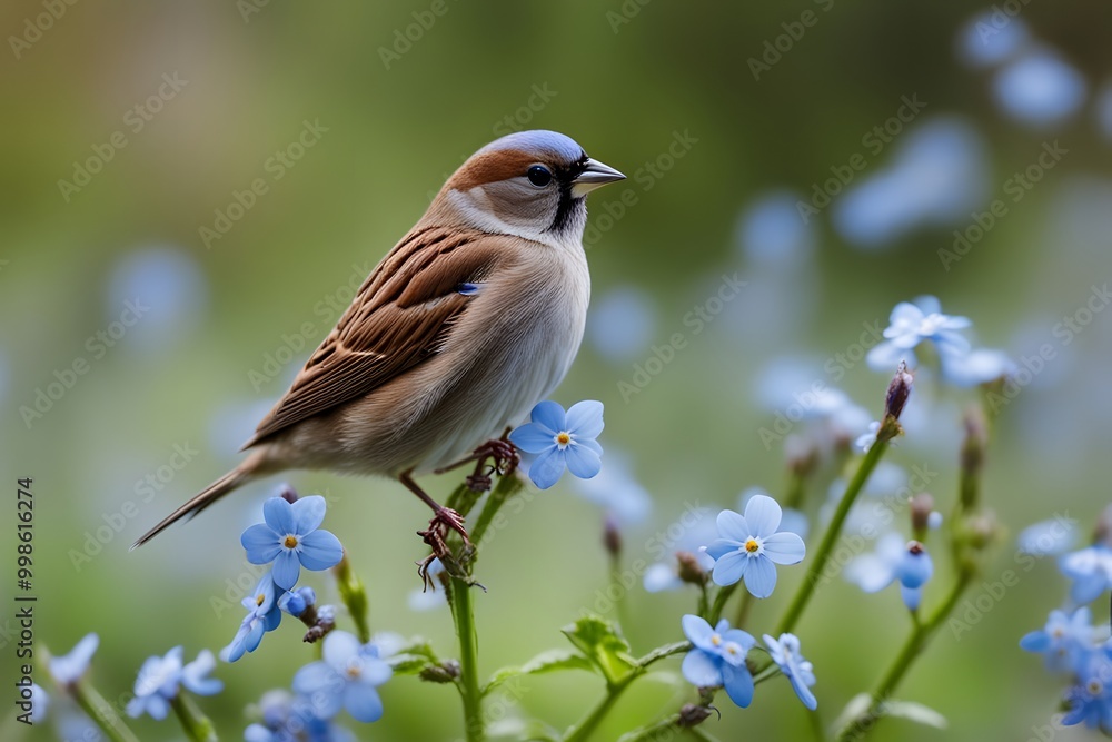 Fototapeta premium A sparrow with tiny blue forget me nots on its back perched against a springtime garden bokeh, Ai generated