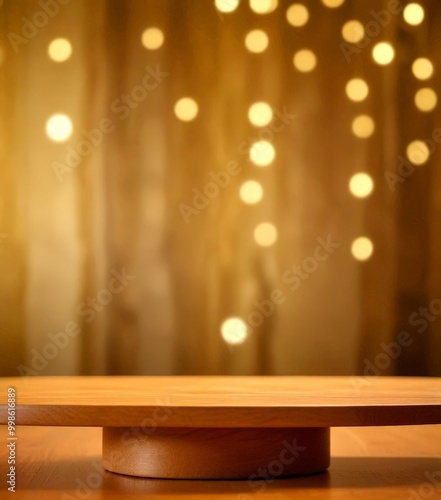 A wooden table with a round base stands in the foreground, while a blurred background features a curtain with twinkling lights