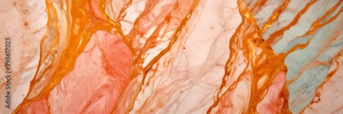 a marble surface with a textured pattern of pink, white, and gold hues, creating a visually striking and abstract design
