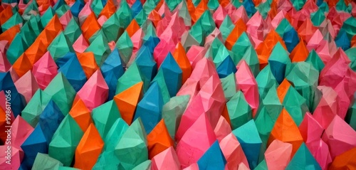 A vibrant abstract composition of overlapping paper cutouts in various shades of pink, blue, green, and orange, creating a dynamic and visually striking pattern