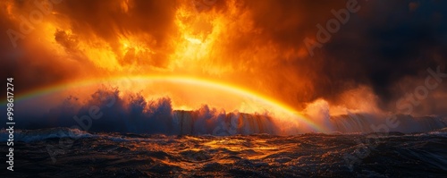 A waterfall crashing into a river below, the sheer force of the water creating mist and rainbows