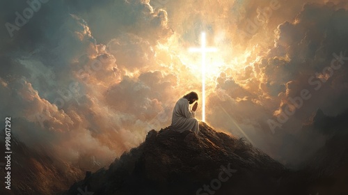 A solitary figure Jesus n white prays on a mountain as a radiant cross illuminates the sky at sunset. Generative AI