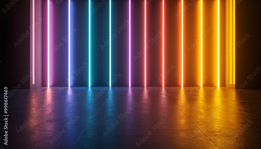 Abstract neon light beams in vivid colors, stretching vertically and reflecting off a glossy floor, futuristic energy, dynamic color spectrum Abstract neon light beams in vivid colors, stretching vertically and reflecting off a glossy floor, futuristic energy, dynamic color spectrum