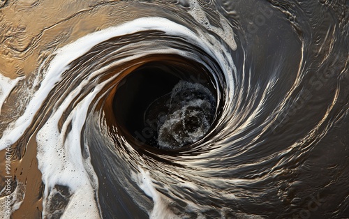 A whirlpool forming in a river, the powerful current swirling with dangerous force photo