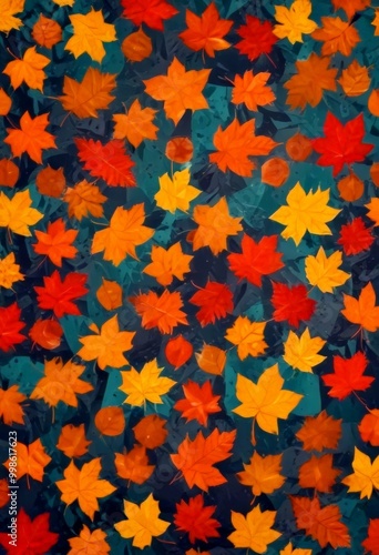 a vibrant autumn scene with a multitude of leaves in shades of orange, yellow, and red scattered across a dark green background