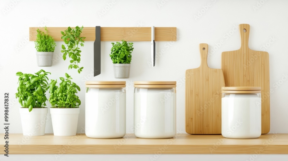 Modern Kitchen with Herbs and Clean Storage Jars Modern Kitchen with Herbs and Clean Storage Jars