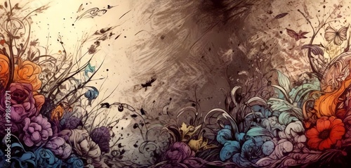 a digital illustration featuring a vibrant, abstract floral scene with a variety of flowers, leaves, and insects The background is a gradient of brown and gray,