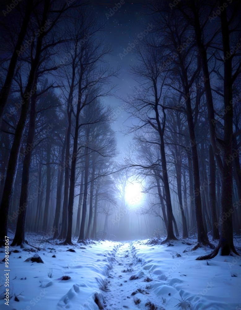 Naklejka premium A moonlit forest path, with bare trees and a full moon, creates a serene and ethereal atmosphere