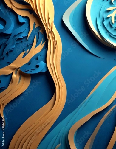 a digital art piece featuring abstract shapes and patterns in shades of blue and gold, with a textured and layered appearance